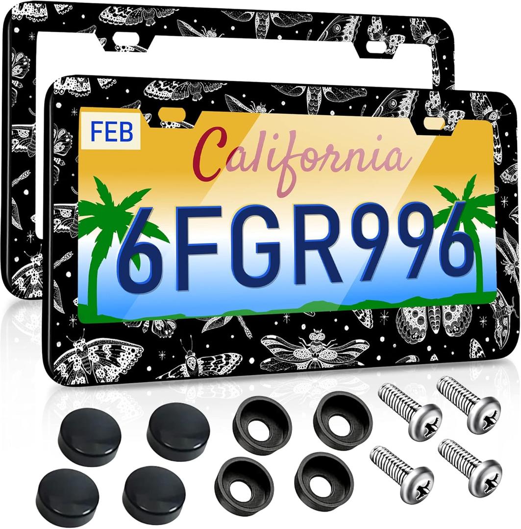 License Plate Frames 2 Pack for Women Men Car Plate Holder Cover Butterfly Insects Specimen Black Metal Tag Frame Stainless Steel Car Front Rear Plate Decor