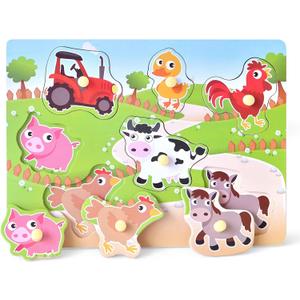 Wooden Puzzles Farm Chunky Baby Puzzles Peg Board, Full-Color Pictures for Preschool Educational Jigsaw Puzzles, 7 Pieces