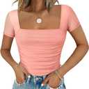 Chunpin Women's Mesh Square Neck Bodysuit Short Sleeve Long Sleeve Going Out Tops Thong Bodysuits Outfits (C-coral Pink), S