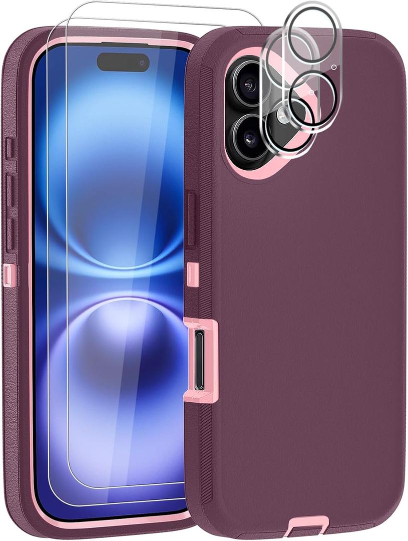 Case for iPhone 16 Case 6.1" with 2 Screen Protector + 2 Camera Lens Protector, Full Body Heavy Duty Military Grade Cover, Shockproof/Drop Proof Protection Phone Case (Wine Red Pink)