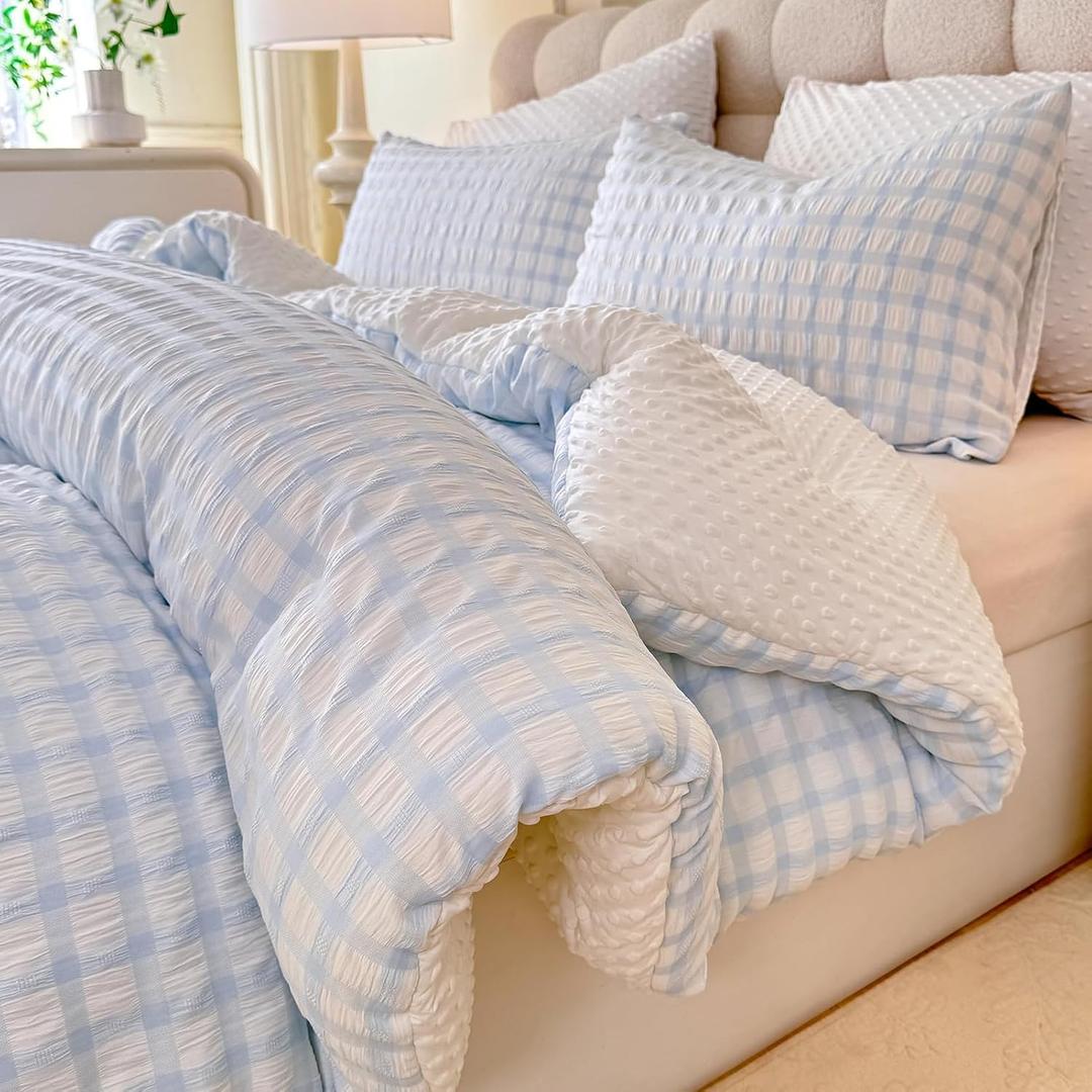Tohrisa Boho Comforter Set Full Size - 3 Pieces Lightweight Jacquard Seersucker Bedding Sets (1 Soft Fluffy Grid Comforter & & 2 Pillowcases) - All Seasons Cozy Modern Bed Set(80"x90" Light Blue)