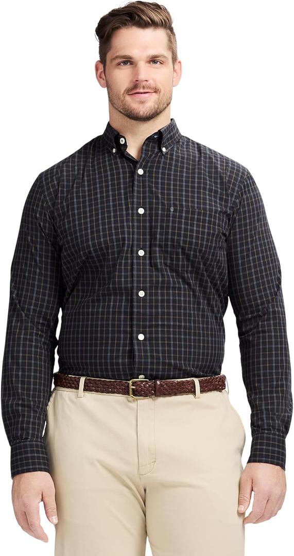 Izod Men's Big and Tall Performance Comfort Long Sleeve Gingham Button Down Shirt (Black)