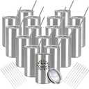 YOUKE OLA 16 Pack Tumblers Blanks Bulk Skinny Straight Tumbler Stainless Steel Double Wall Insulated Water Bottles with Lid & Straw for DIY Gift, 12oz Silver
