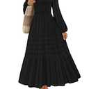 MEROKEETY Women's Fall Long Sleeve Floral Midi Dress Smocked Ruffle Tiered Square Neck Wedding Guest Dresses Pockets, Black, S