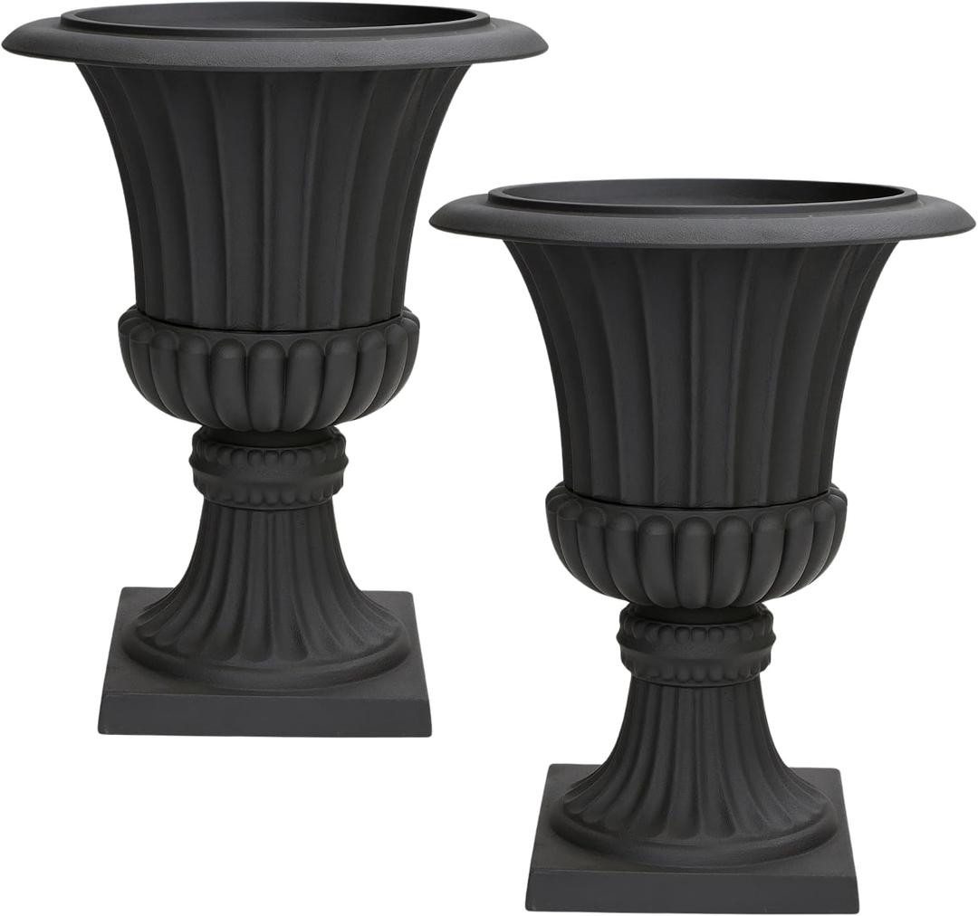 Urn Planters 22", Set of 2, Tall Stone-Resin Pedestal Planters for Outdoor Plants, Large Front Porch Decor, Patio Garden Pots, Outdoor Urns for Entryway, Porch & Deck, Black Plant Pot