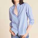 Womens Blue White Stripe Button Down Shirt Long Sleeve Standup Collar Blouse Dressy Business Casual Tops with Ruffle Details (XL)