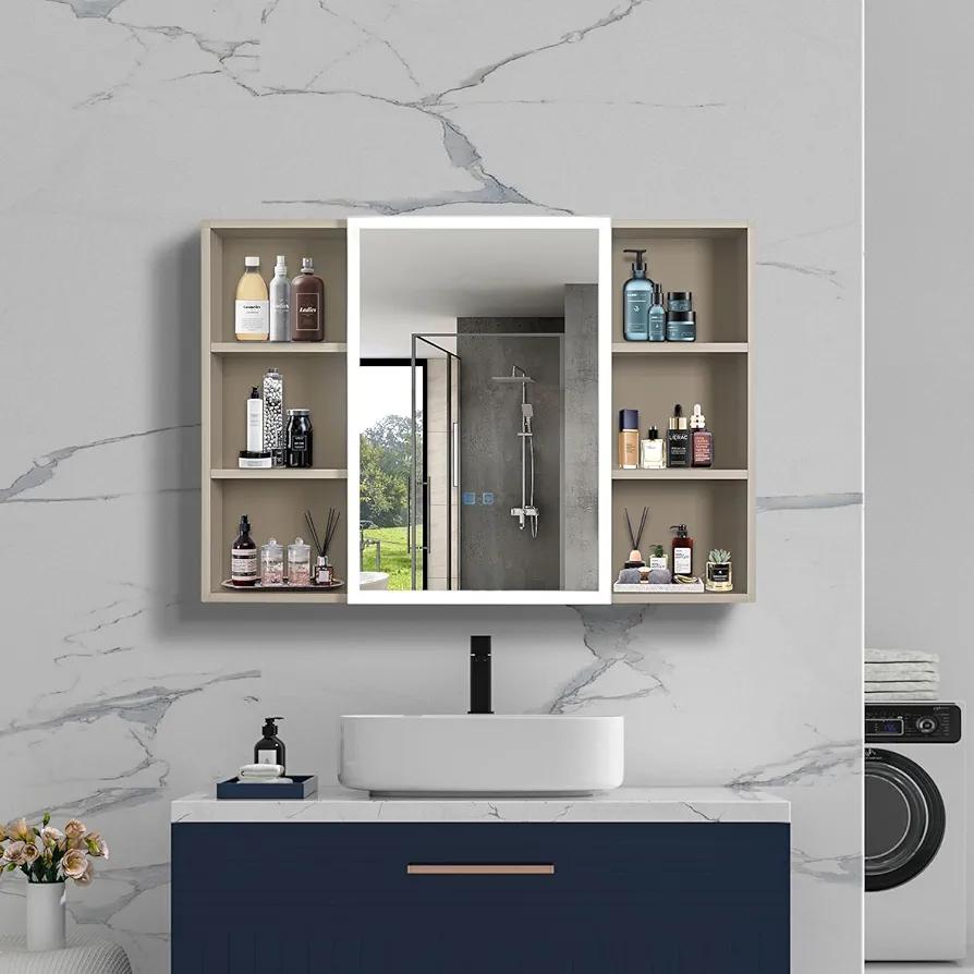 OKYSAI Defogging Mirror Cabinet, LED Mirror Door with Touch Switch, 35" L x 27.6" W, 6 Open Shelves, Multifunctional Storage Cabinet, Wall Mounted Aluminum Frame Lighting, Bathroom,Toilets(Khaki)