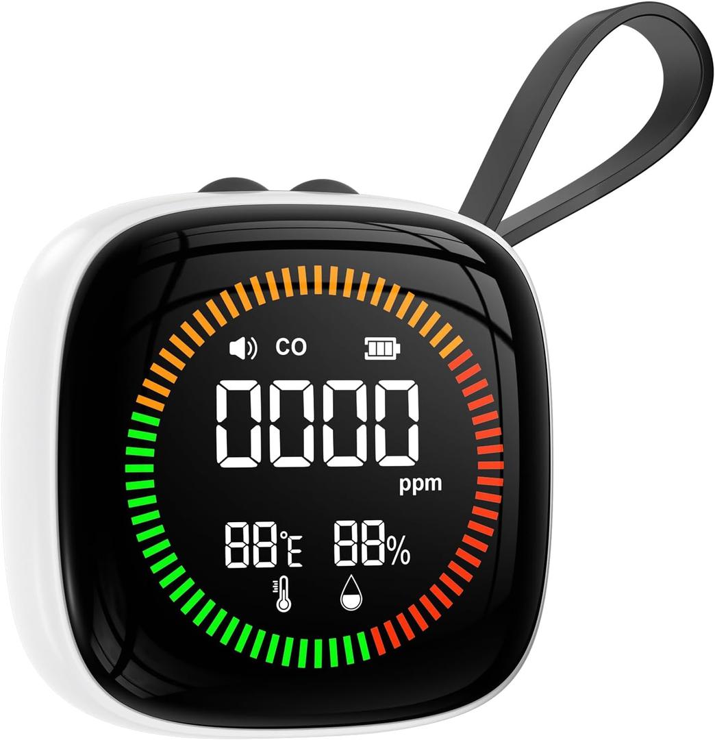 3-in-1 Carbon Monoxide Detectors Battery, Travel, Portable CO Detector, RV CO Alarm Temp/Hum Sensor, Rechargeable CO Monitor, for Home, Car, Travel, Camping-White