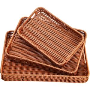 Yarlung 3 Pack Woven Baskets Serving Trays with Handles, Poly Wicker Bread Baskets Rectangular Platters for Fruit, Vegetables, Breakfast, Drinks, Snacks, Dining Coffee Table, 3 Sizes