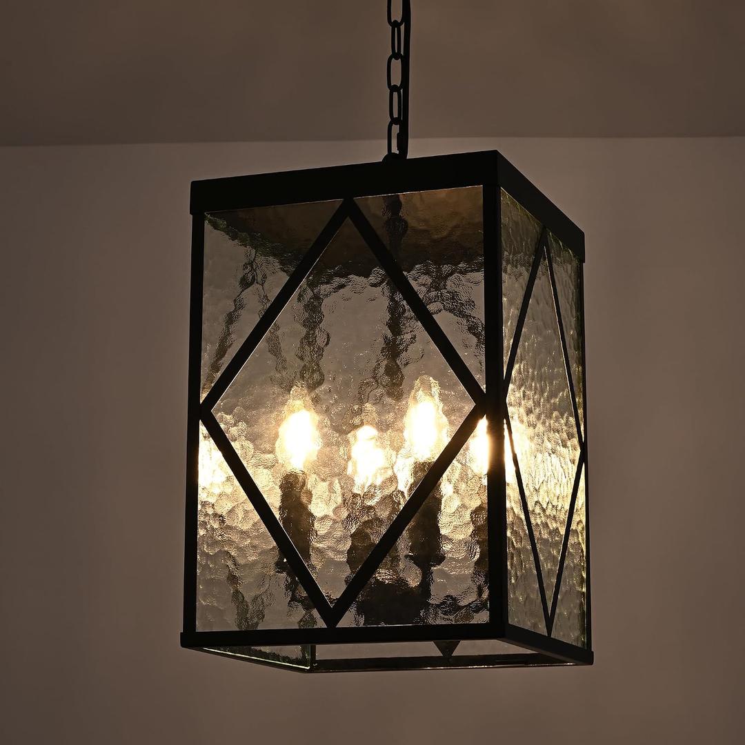 Outdoor Pendant Light with Water Ripple Glass, 4-Light Exterior Hanging Porch Light, Large Lantern Pendant Light, Waterproof Black Outside Chandelier for House Front Door Patio Entrance