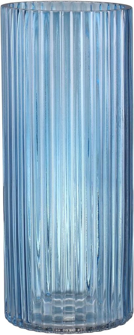 Blue Glass Vase, Glass Flower Vase, Ribbed Glass Vases, Blue Vase, Tall Cylinder Vases for Centerpieces, Living Room, Bedroom, Dining Table, Office, Wedding, Bookshelf Decoration, 12 Inches