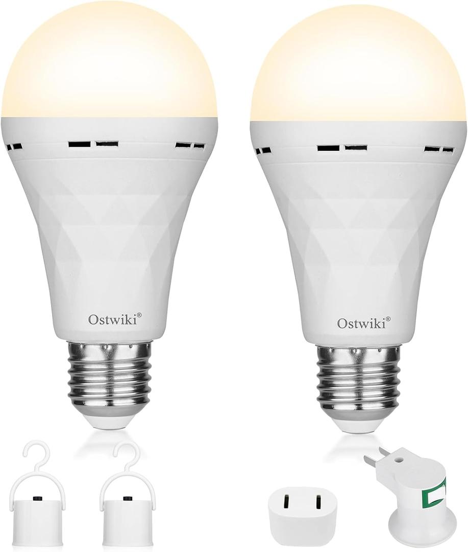 Ostwiki 2 Pack Rechargeable Light Bulb,Emergency Light Bulbs for Power Outage Hurricane Camping 9W E27 3000K Warm 1200mAh Battery Backup Soft Light Bulbs for Lamps,Battery Bulb