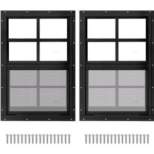 2 Pack 12" x 18" Black Shed Window with Tempered Glass and Fiberglass Screen Household Sliding Windows with Screws for Shed, Chicken Coop, Playhouse, Garage and Barns