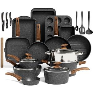Kitchen Induction Cookware & Bakeware Set - 30 Piece Black Granite Cooking Pans Set, Non-Stick Pots and Pans Set