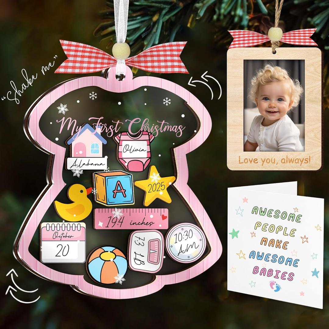 2 x Baby's First Christmas Ornament 2025 Girl, DIY Wooden Onesie Shaker with Pen, Picture Frame Car Visor Clip, Baby Shower Card, Newborn Gift for New Parents, Baby Girl Keepsake, 1st Xmas Decor HH804