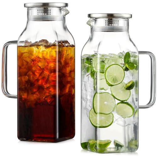 Netany 1 Pack 2 Liters/68 oz Square Glass Pitcher with Lid and Handle for Fridge, Iced Tea and Coffee Carafe Beverage Serveware, Heat Resistant Borosilicate Water Jug for Hot/Cold Drinks and Milk