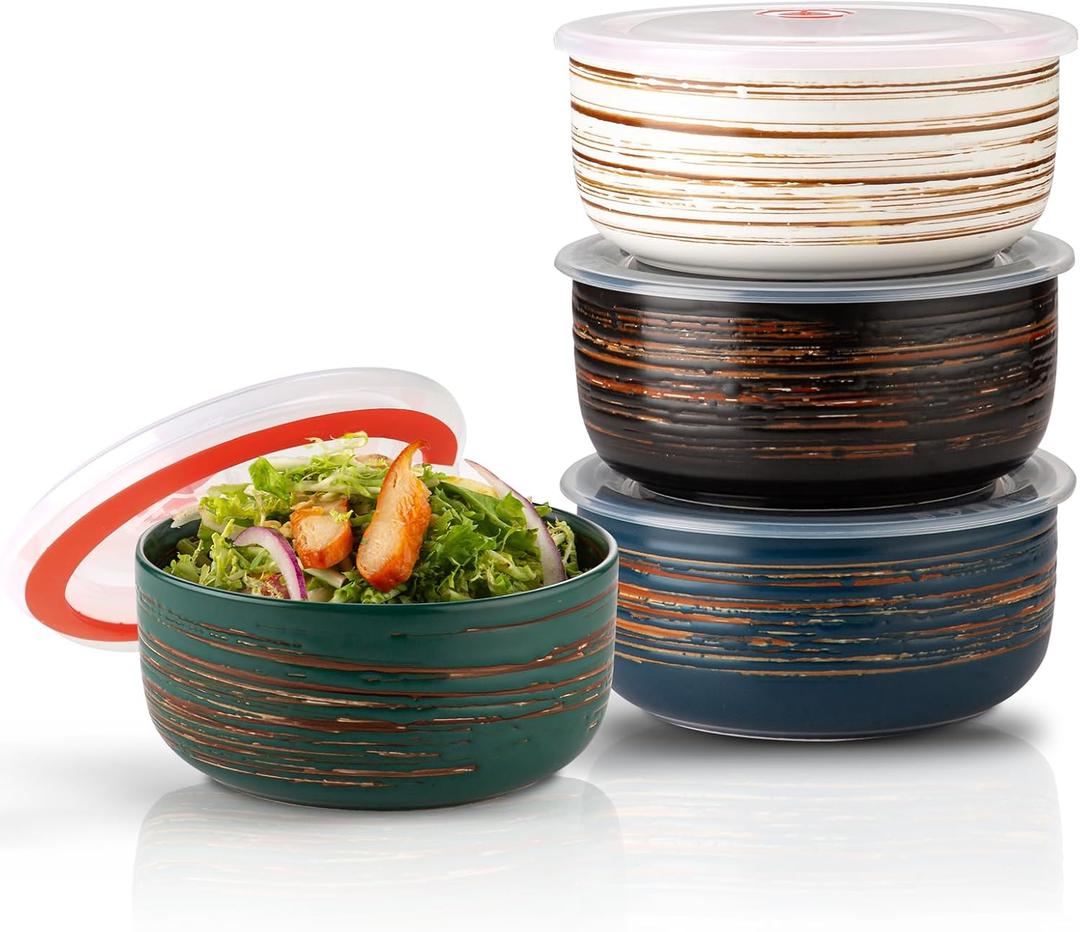 YUN TAO 23 oz Ceramic Bowls with Lids (Set of 4), 6 Inch Airtight Food Storage Containers for Kitchen, Microwave & Oven Safe - Ideal for Cereal, Soup, Salad, Pasta, Ramen