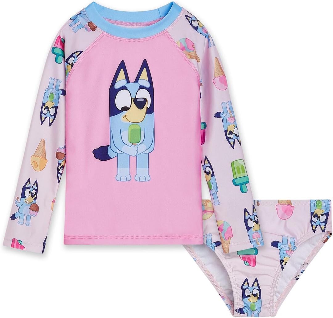 Bluey Girls Raglan Rash Guard and Bikini Bottom UPF 50+ Swim Set Toddler to Big Kid Sizes (2T - 10-12) (Pink)