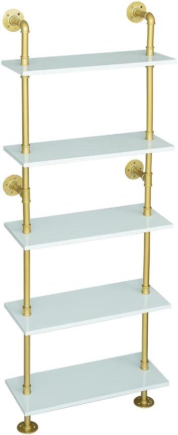 5 Shelf Modern Gold Bookshelf, Wall Mount White Bookcase, Ladder Shelf with Metal Frame, Display Shelf Shelves for Living Room/Home/Office