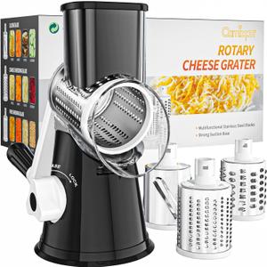 Cambom Rotary Cheese Grater Hand Crank Cheese Shredder for Fresh Cheese, Vegetable, Nuts, Non-slip Suction Base, Three Blades, Black