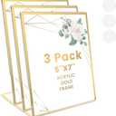 Acrylic Sign Holder 5x7, Slanted Back Gold Picture Frames Flyer Holder Menu Holder for Wedding Table Numbers with Removable Sticky Dots, 3 Pack