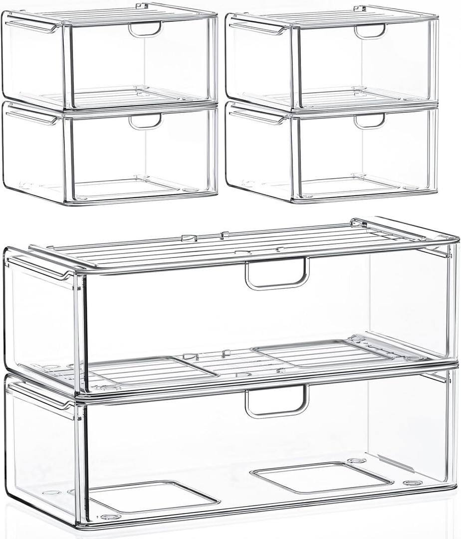 Acrylic Storage Drawers Set of 6, Clear Makeup Organizer, Plastic Organizer Bins for Beauty Supplies,Ideal for Vanity, Bathroom,Cabinet,Pantry Organization