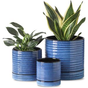 HASENSE Ceramic Pot for Indoor Plant, 8+6+4.6 Inch Planter with Drainage Holes and Saucer, Reactive Glaze Blue Flower Pots for Home Office Decor, Set of 3