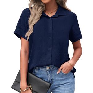 PYGFEMR Womens Button Down Shirts Short Sleeve Loose Collared V Neck Tunics Summer Tops Work Casual Business Blouses