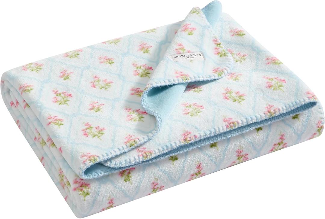 Laura Ashley - Plush Throw Blanket, 50x70, Soft and Warm with a Lightweight Feel, Reversible Trellis Floral Design, Pinfords Trellis Blue
