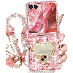 Changjia for Samsung Galaxy Z Flip 7 Glitter Bling Case, Cute 3D Sparkle Heart Makeup Mirror Crystal Rhinestones Flowers Diamond Gems with Lanyard Wrist Strap Women Girls Case for Galaxy Z Flip 7, Pink