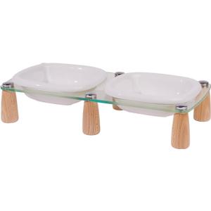 Elevated Cat Bowl and Dog Bowl - Ceramic Raised Pet Bowl with Acrylic & Beech Wood Stand for Neck & Whisker Relief,Non-Slip Glaze Weighted Food Water Set for Cats &Small Dogs 13.5OZ