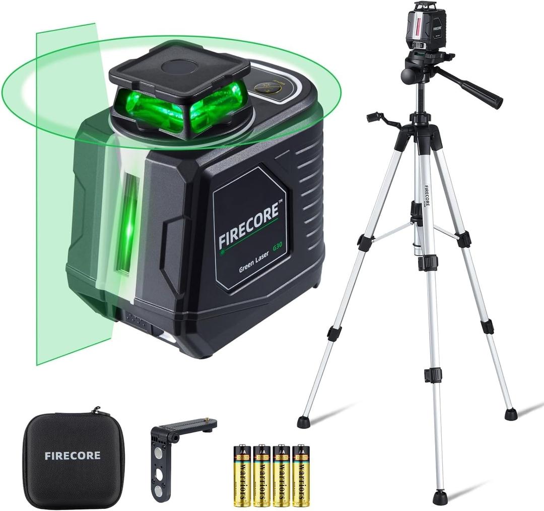 Laser Level with Tripod, Firecore 360 Self Leveling Laser Level with Pulse Mode, 3 Brightness Levels, Green Line Lazer Leveler Tool for Picture Hanging Wall Tile Floor DIY Construction Project