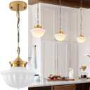 Schoolhouse Pendant Fixtures, 9" Brass Gold Milk Glass Pendant Light, Adjustable Mid Century Ceiling Pendant Lighting for Bedroom Kitchen Living Room Hallway Dining Room