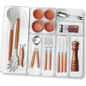 Criusia Utensil Drawer Organizer for Kitchen, 8 Pack Silverware Organizer Utensil Holder, Clear Plastic Drawer Dividers for Flatware, Cutlery, Kitchen Gadgets Accessories, Organizador de Cocina