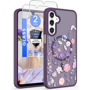 Yucenx for Samsung Galaxy A16 5G Floral Phone Case with 2X Screen Protector, Military Grade Magnetic Translucent Matte Girls Women Flower Pattern Protective Cover for A16 5G (Deep Purple) | 2X Screen Protector, Military Grade, Magnetic, Translucent, Matte, Girls Women