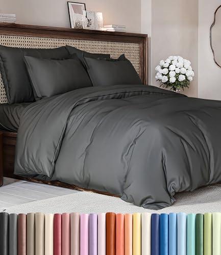 Duvet Cover Queen Size Set - Extra Soft Queen Duvet Cover 90" x 90" with 2 Pillow Shams - Hotel Luxury, Easy Care & Fade Free w/ Zipper Closures & Ties - All Season, Comfy and Breathable (Charcoal)