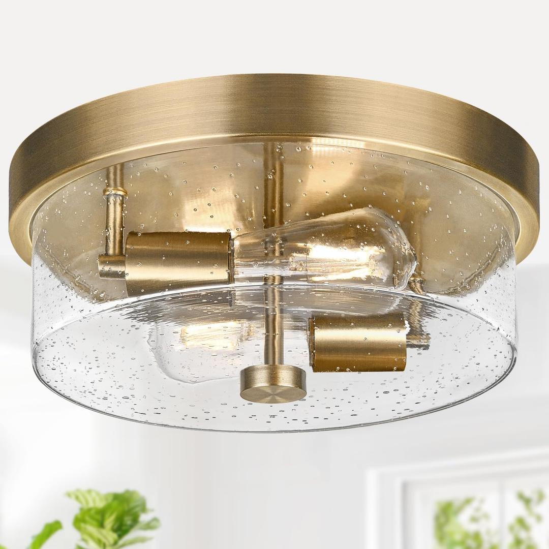 Flush Mount Ceiling Light Fixtures, 2-Light Brass Ceiling Mount for Farmhouse with Seeded Glass Lampshade, Industrial Hall Flush Mount Light Fixture for Hallway, Kitchen, Entryway, Bedroom and Foyer