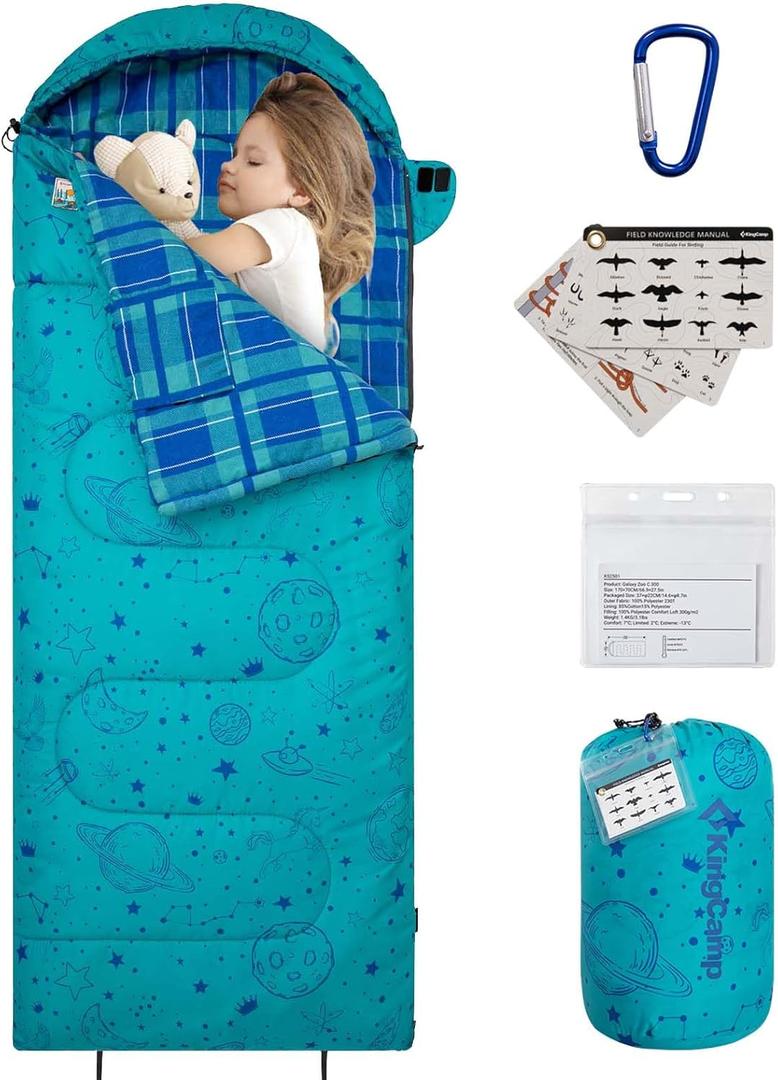 KingCamp 45 F Kids Sleeping Bag, Lightweight Waterproof & Compact Flannel Sleeping Bags Cold Weather & Warm Youth Essentials Gear Accessories for Camping, Fits 10-12 Children up to 5'5" Tall (66.9" x 27.5", 8.6F ~44.6F Cyan Left Gift Set)