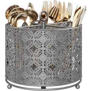 Rotating Utensil Caddy Countertop - Higher Raised Cutlery Caddy Holder - Metal Silverware Caddy Organizer with 4 Compartment for Kitchen Counter Party Office Silver