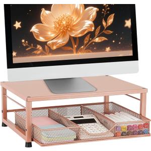 Small Monitor Stand Riser, Laptop Riser, Metal Mesh Desk Organizer, Desk Top Storage and Organization with Drawer for Computer, Desktop, Printer, Coffee Set and Office Supplies (Bronze)
