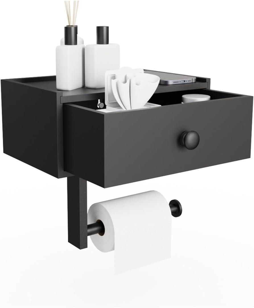 Wooden Toilet Paper Holder with Shelf, Rustic Adhesive Bathroom Toilet Paper Holder Wall Mount with Storage, Farmhouse Toilet Tissue Holder with Wipes Dispenser (Black)