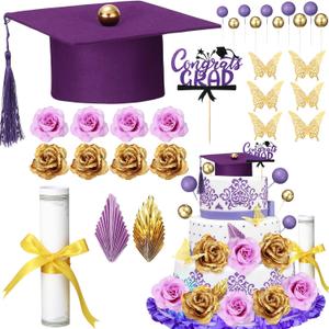 Jingmore Graduation Cake Kit Included Felt Graduation Cap Diploma Classic Black Congrats Grad Cupcake Toppers Beads Leaf Flowers Cake Decorations for Class of 2026 Party(Purple and Gold)