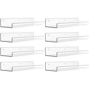 upsimples 8 Pack Acrylic Shelves Wall Organizer and Storage, 15" Display Shelf for Figure, Toy Cars, Perfume, Kids Bookshelf for Bedroom, Nursery, Craft Room, Clear