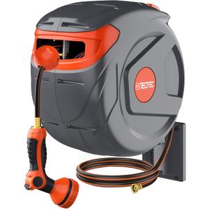 100FT Retractable Garden Hose Reel 1/2 Inch, Wall Mounted Heavy Duty Water Hose with Auto-Lock & 9-Pattern Nozzle, 180° Swivel, Slow Return System — UV Resistant Outdoor Storage