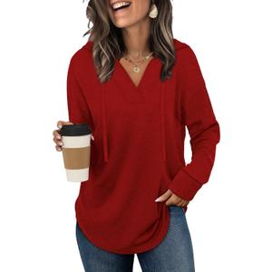 Sampeel Hoodies for Women Trendy Fall Fashion 2025 V Neck Oversized Sweatshirt Plus Size Tops Clothes (XX-Large, Red)