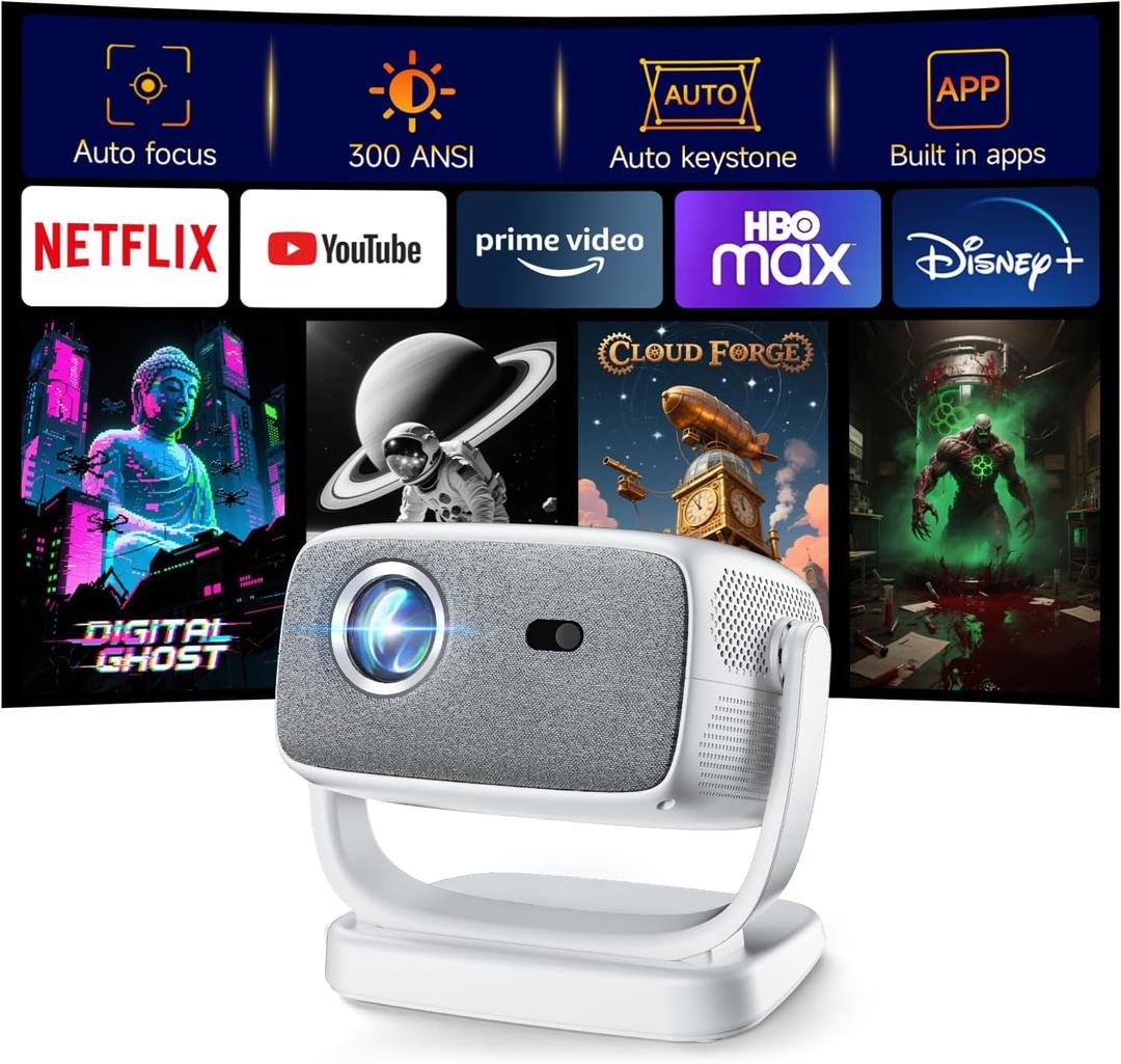 [Built-in Apps&Auto Focus] Portable Projector 1080P Smart Mini Projector Support 4K 180 Stand Auto Keystone with WiFi 6 Bluetooth Fabric Panel Movie Projector Compatible with TV Stick/Xbox/Laptop