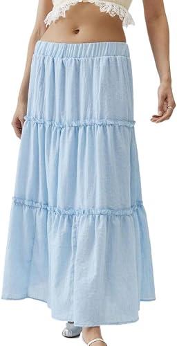 Women Summer Coquette Long Skirts Cute Pleated A Line Flowy Tiered Cottagecore Preppy Aesthetic Maxi Vacation Skirt