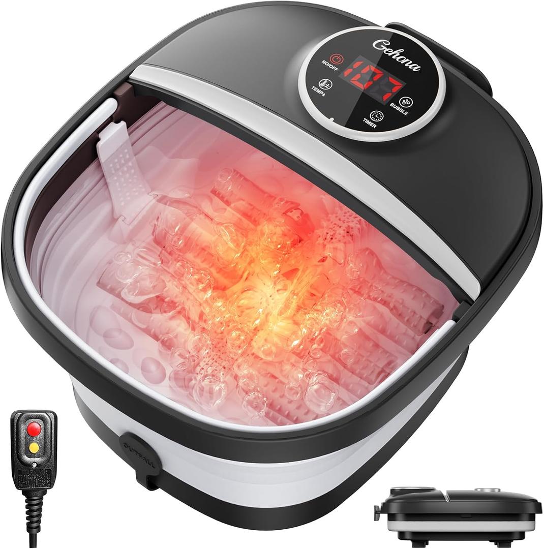 GEHONA Collapsible Foot Spa Bath with Heat, Foot Massager with Two Side Supports, Leakage Protector, Temperature Control, Bubbles, Red Light, Timer, Feet Soaker, Gifts (Deep Black)