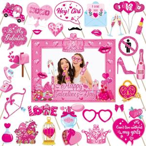 HOWAF Glitter Galentiness Day Photo Booth Props Kit, 1 Happy Galentines Day Photo Booth Frame with 30pcs Galentines Day Selfie Props Kit, Girls Valentines Day Party Decorations Photo Props
