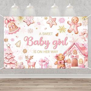 MEHOFOND Christmas Gingerbread Baby Shower Backdrop Banner, Winter A Sweet Baby Girl is On Her Way Party Supplies, Pink Cookie Xmas Snowflake Girls Baby Shower Decorations, Photo Props 70.8x43.3Inch (6x3.6ft)